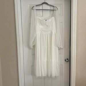 Lulus “Affectionate Aura White Swiss Dot Tiered Bustier Midi Dress”